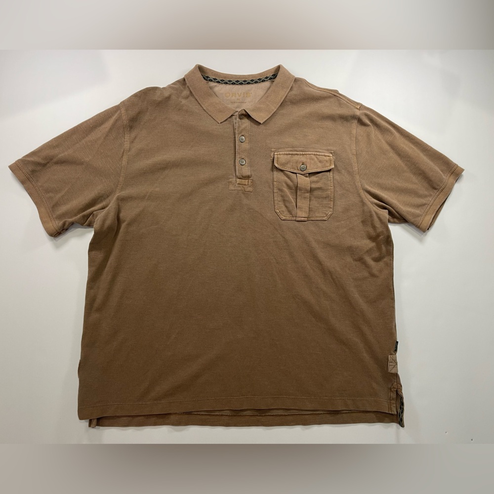 Orvis Polo Shirt Men's XL Brown Short Sleeve Fish pocket Cotton Outdoor Gorpcore